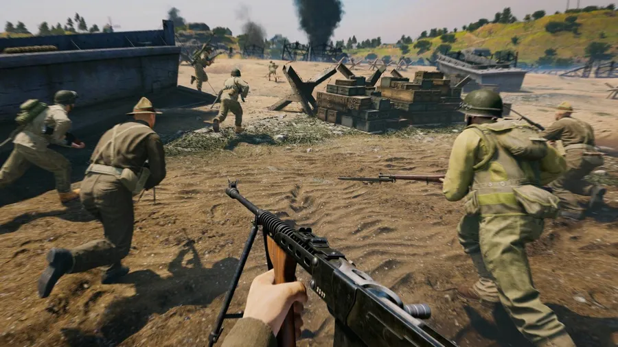 First-person view of a WWII squad advancing across a beach with a rifle in hand in Enlisted