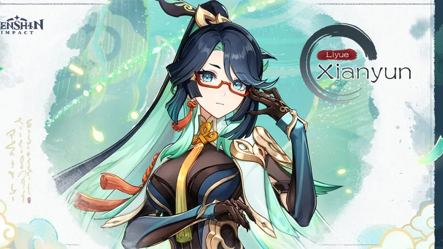 Genshin Impact character Xianyun in a green and white robe with a Liyue emblem