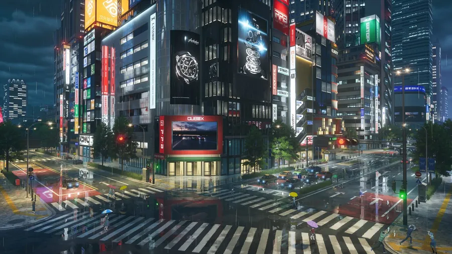 Rain-soaked city intersection at night in NTE, lit by neon signs and video billboards