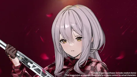 Nikke character with long silver hair holding a weapon against a deep red background