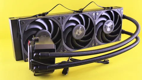 A high-performance liquid CPU cooler with triple fans against a bright yellow background