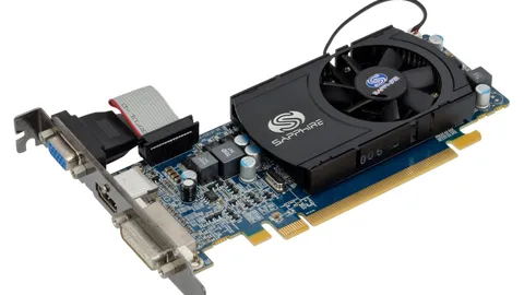 Low-profile graphics card with a black fan shroud, blue circuit board and VGA, HDMI and DVI ports