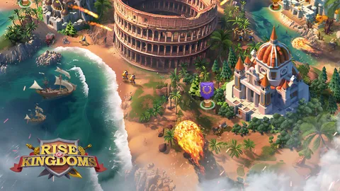Rise of Kingdoms city with a Roman colosseum and domed buildings on a sunny coast
