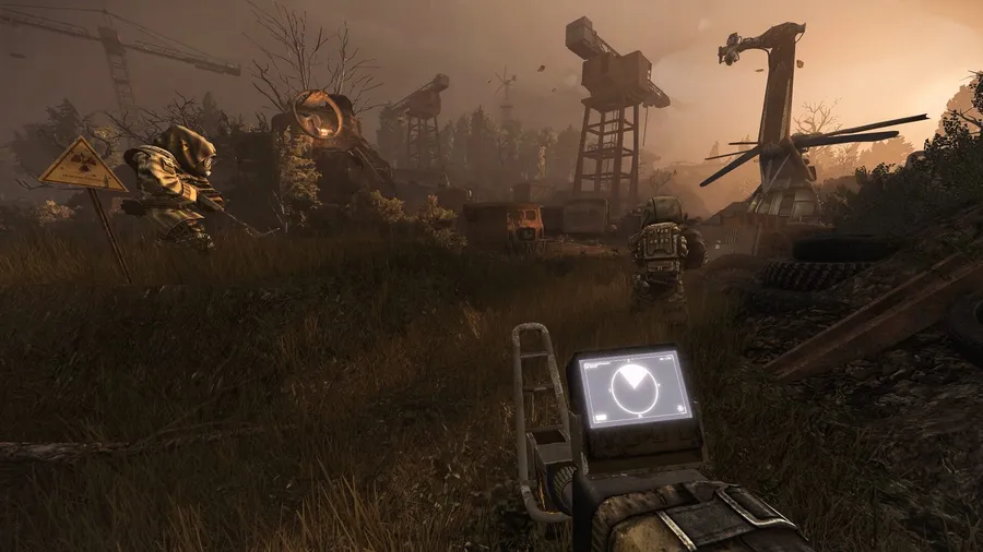 Player aiming a scoped rifle across a misty Zone field with derelict towers at dusk in STALZONE