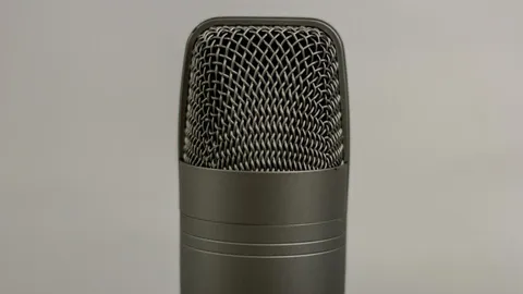 Close-up of a studio condenser microphone against a gray background