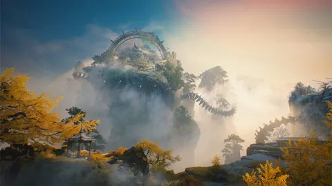 Misty Wuthering Waves landscape with golden trees and a vast ring-shaped ruin in the distance
