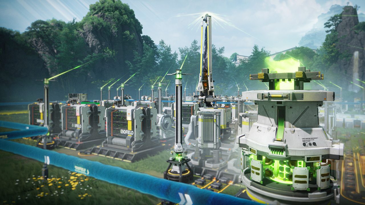 Arknights: Endfield automated factory complex with glowing green modules beside a conveyor line