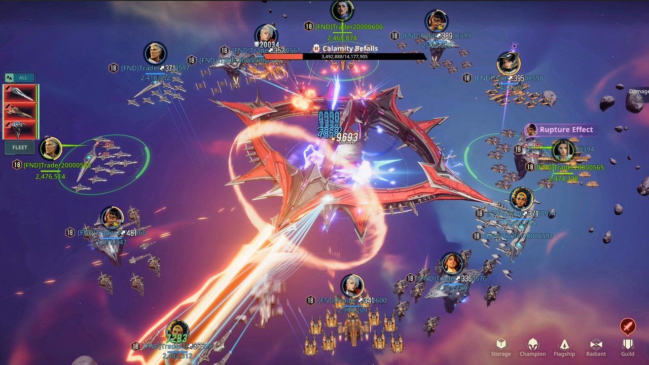 Large fleet battle with energy beams around a capital ship in Foundation: Galactic Frontier