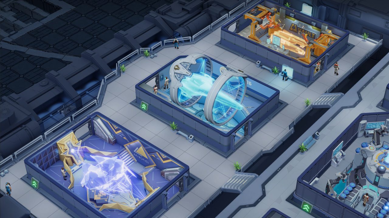 Cutaway view of a mothership's interior cabins and machinery in Foundation: Galactic Frontier