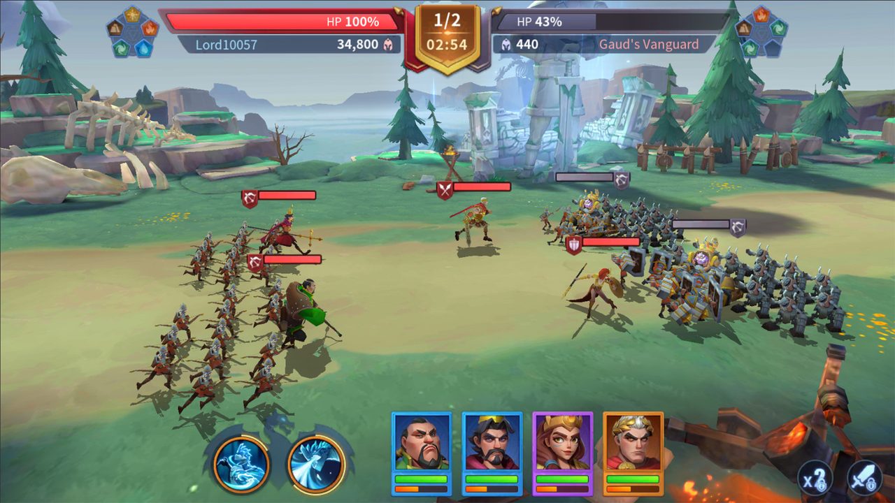 Infinity Kingdom field battle with two armies clashing and hero portraits along the bottom