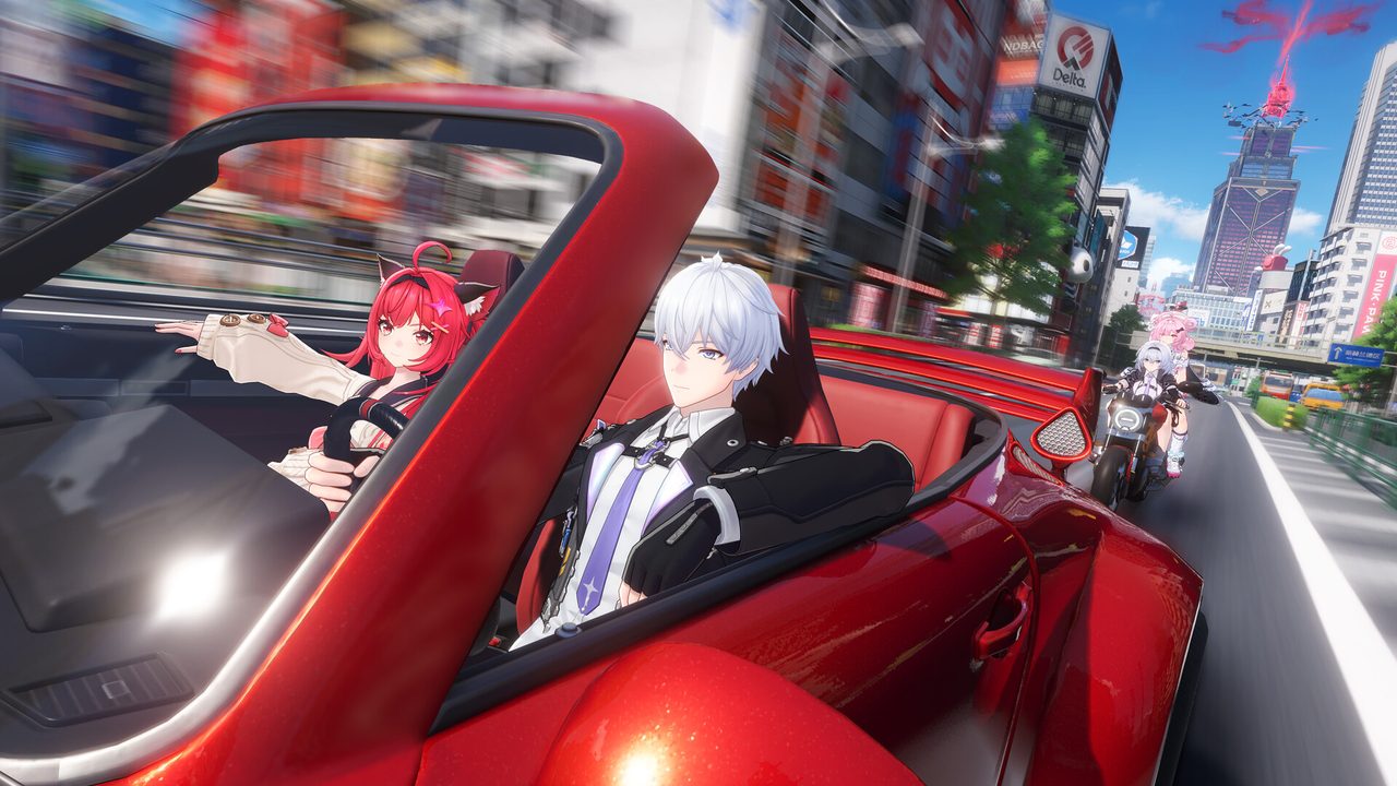 Two NTE characters driving a red convertible through a busy city street
