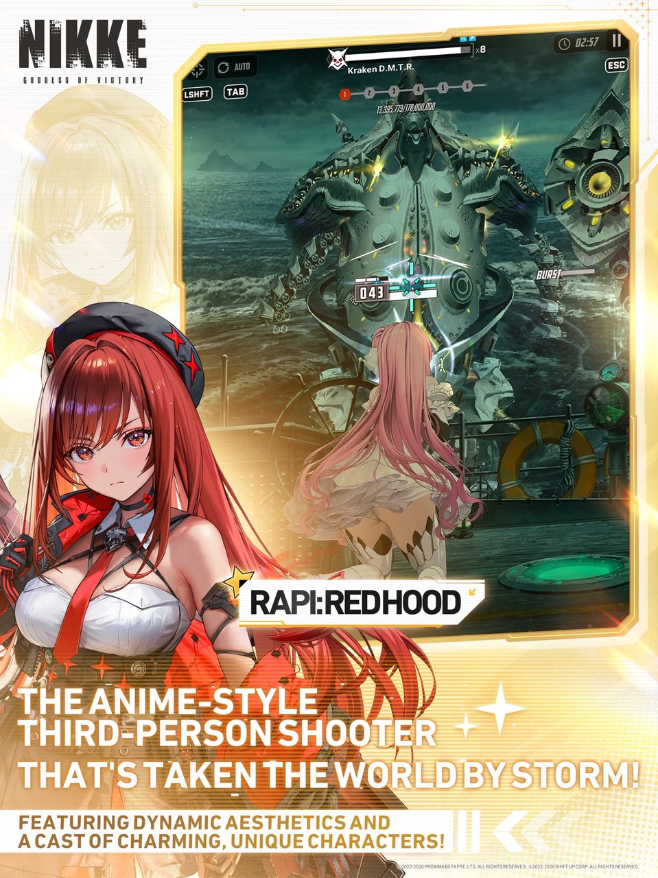 Nikke promotional image of the character Rapi: Red Hood beside a gameplay view of a boss fight
