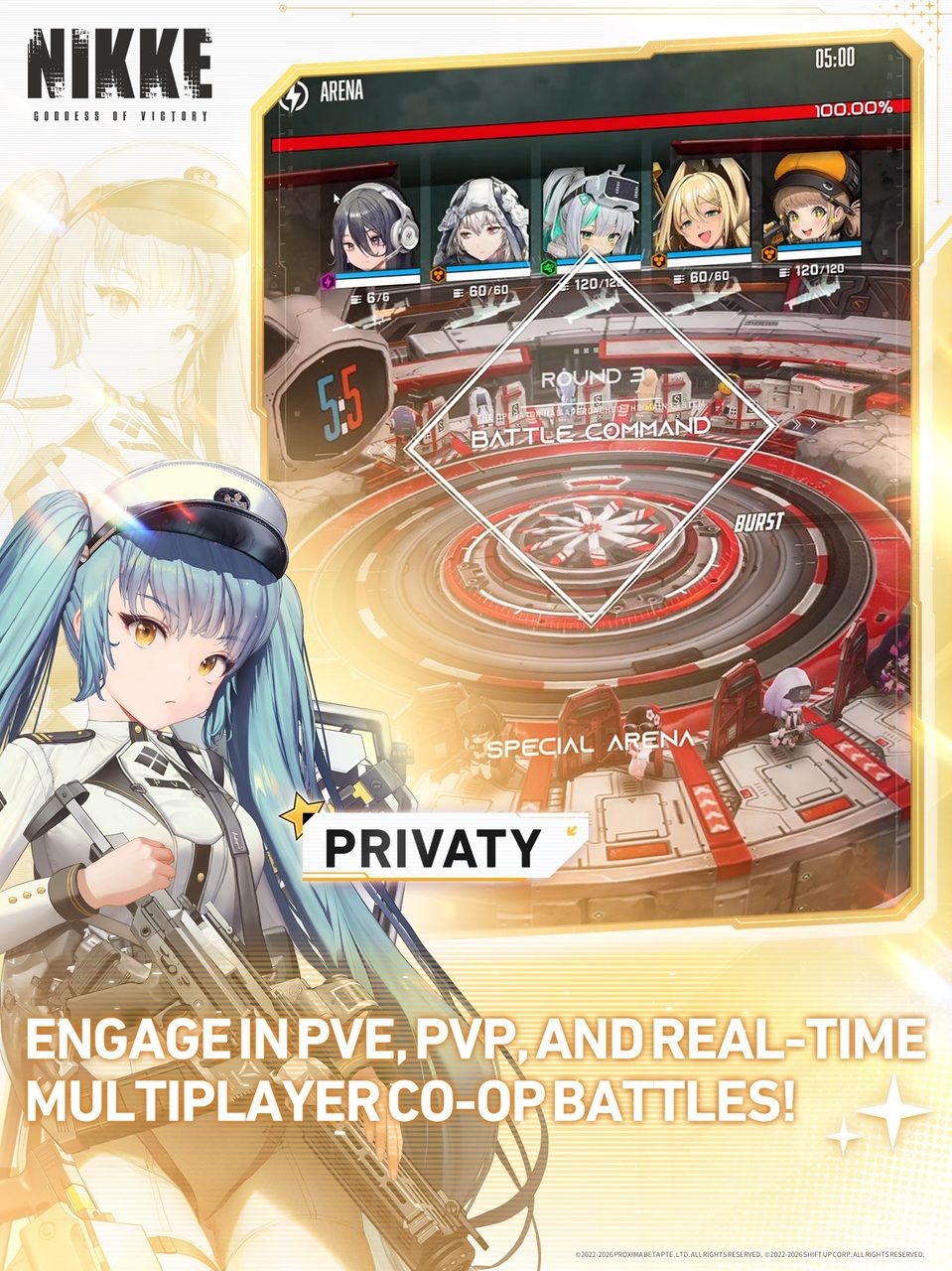 Nikke promotional image showing the character Privaty and a squad selection screen