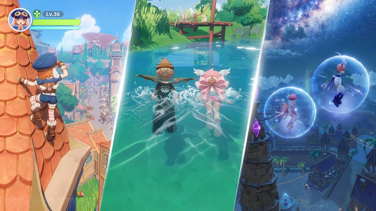 Ragnarok adventurers exploring a seaside town and swimming underwater, shown in three panels