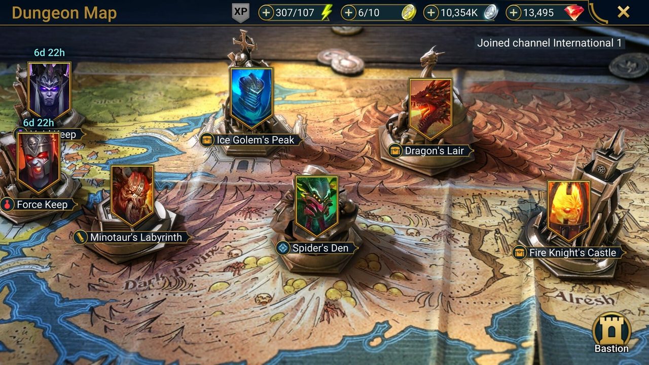 Raid: Shadow Legends campaign map of Teleria with dungeon locations marked