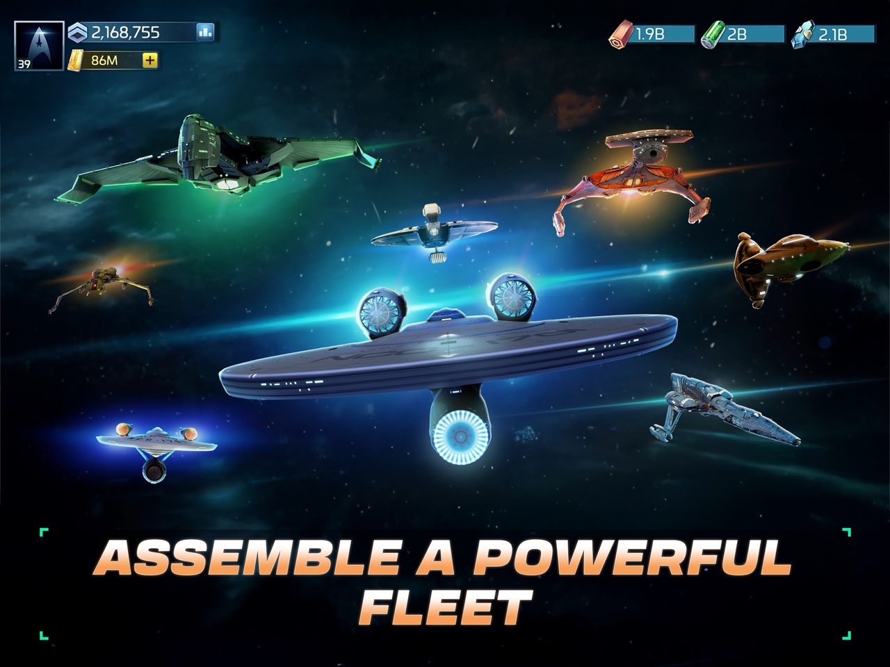 Star Trek Fleet Command image of a fleet of Federation and Klingon ships with the caption Assemble a Powerful Fleet