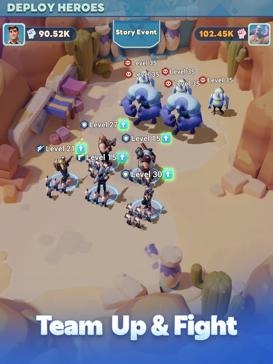 Tiles Survive! survivors deploying heroes for a fight on a snowy battlefield, captioned Team Up and Fight