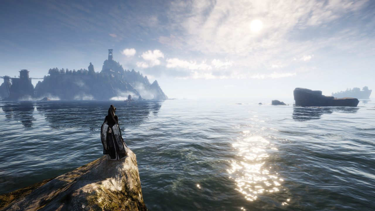 Figure in dark robes standing on a rock above a calm sea at dawn in Where Winds Meet