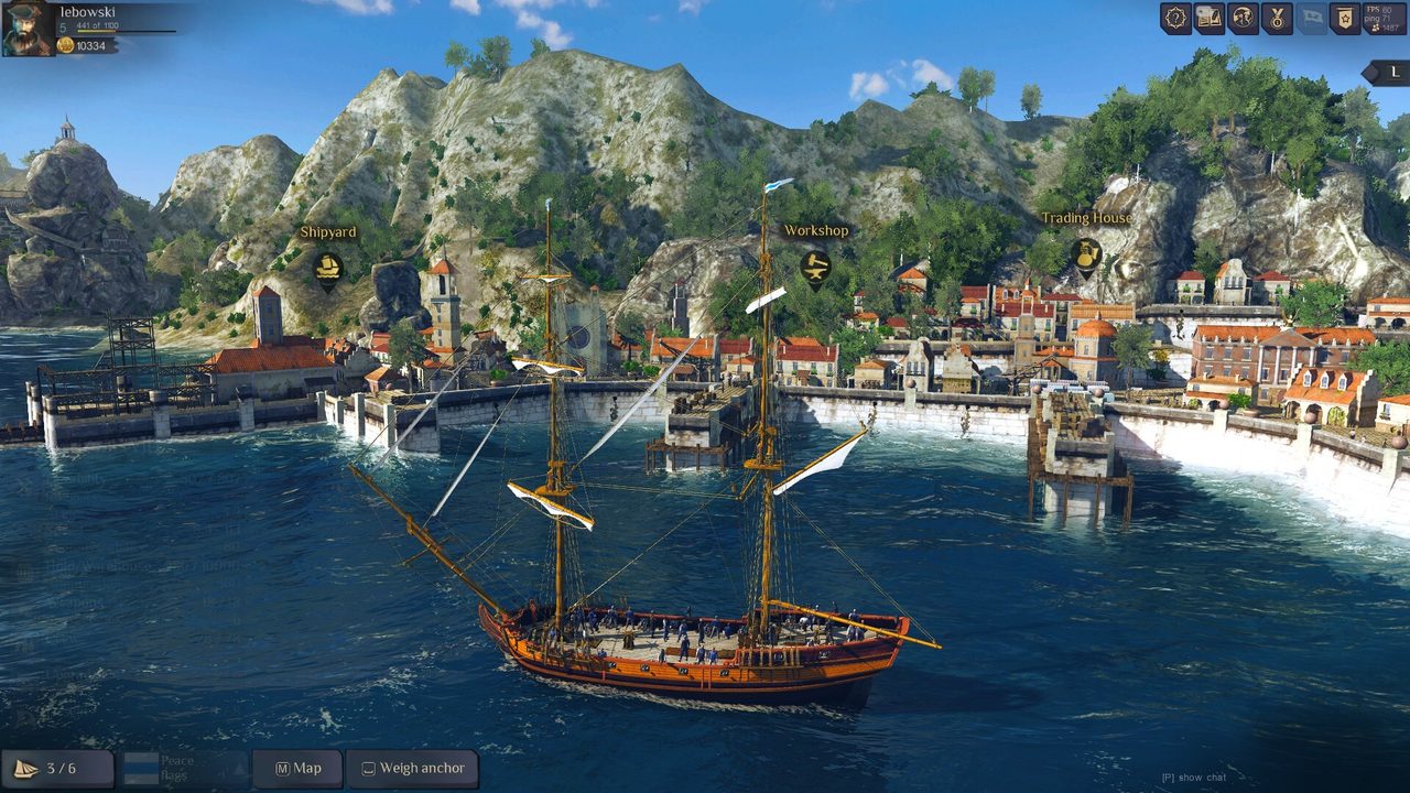 Sailing ship moored in a sunny harbor town in World of Sea Battle